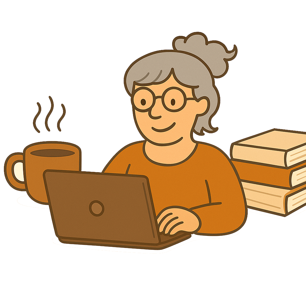 A flat-style cartoon of a woman with gray hair in a messy bun working on a laptop with a small stack of books beside her.