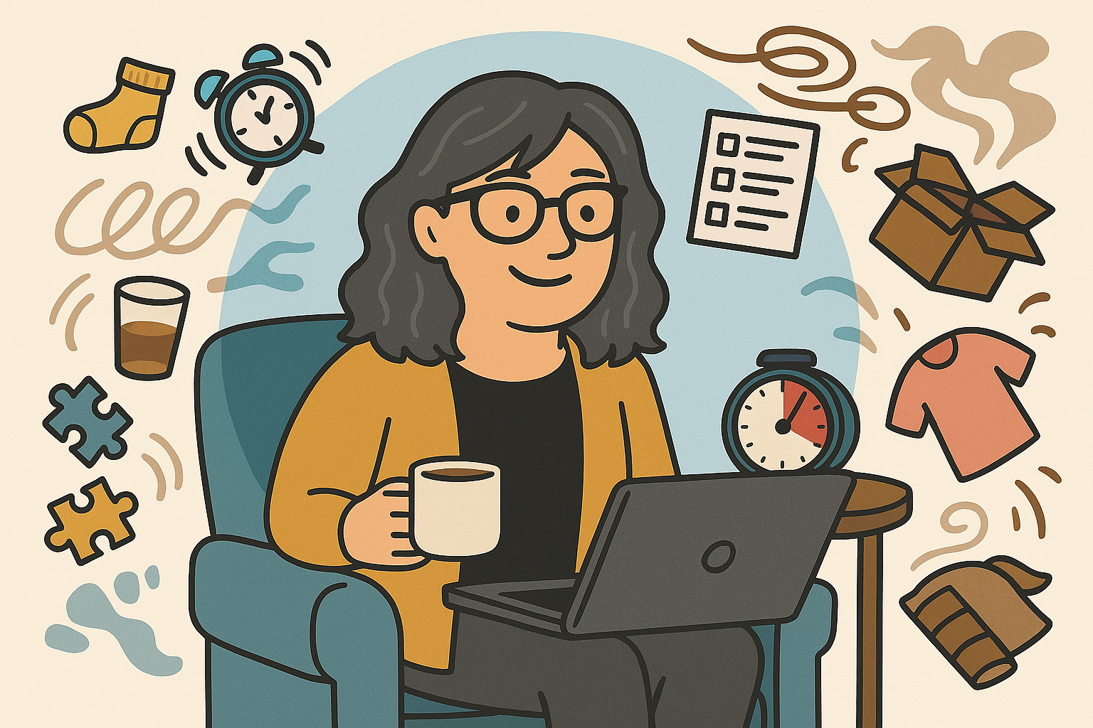 Cartoon illustration of a calm woman with gray hair and glasses sitting in an armchair, holding a coffee mug and using a laptop. Around her swirls a chaotic mix of floating items including a baby sock, timer, to-do list, spilled drink, puzzle pieces, and laundry, symbolizing a busy caregiving and creative life.