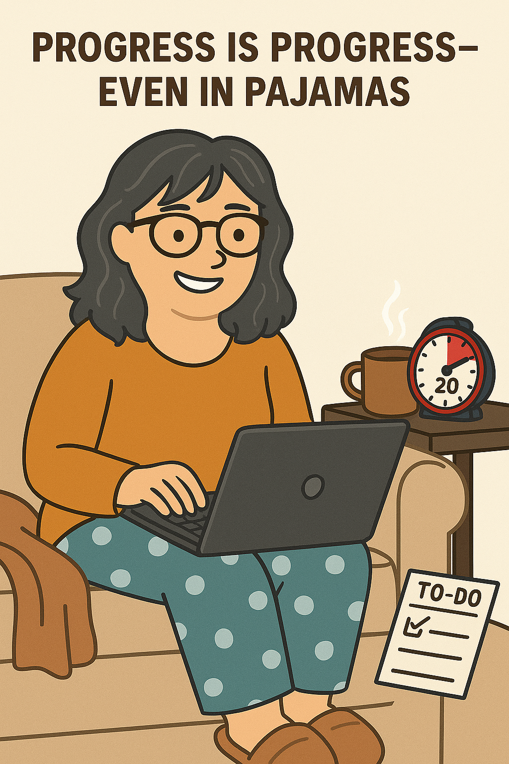 Cartoon illustration of a woman with gray hair and glasses, sitting on a beige sofa in cozy pajamas. She’s working on a laptop with a calm, focused expression. A red-and-black kitchen timer next to her is set for 20 minutes. The image conveys a sense of relaxed productivity.