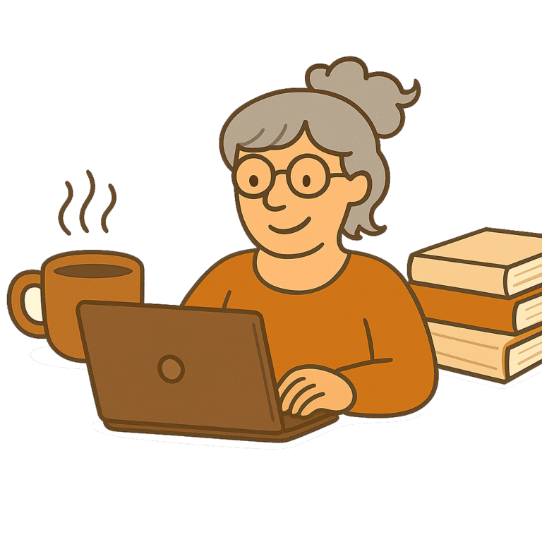 A flat-style cartoon of a woman with gray hair in a messy bun working on a laptop with a small stack of books beside her.