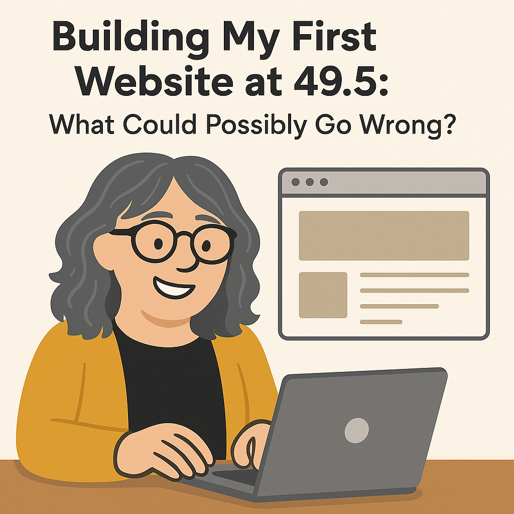 Cartoon illustration of a smiling woman with gray hair and glasses building a website on her laptop, with a simplified browser window in the background. Text reads “Building My First Website at 49.5: What Could Possibly Go Wrong?”