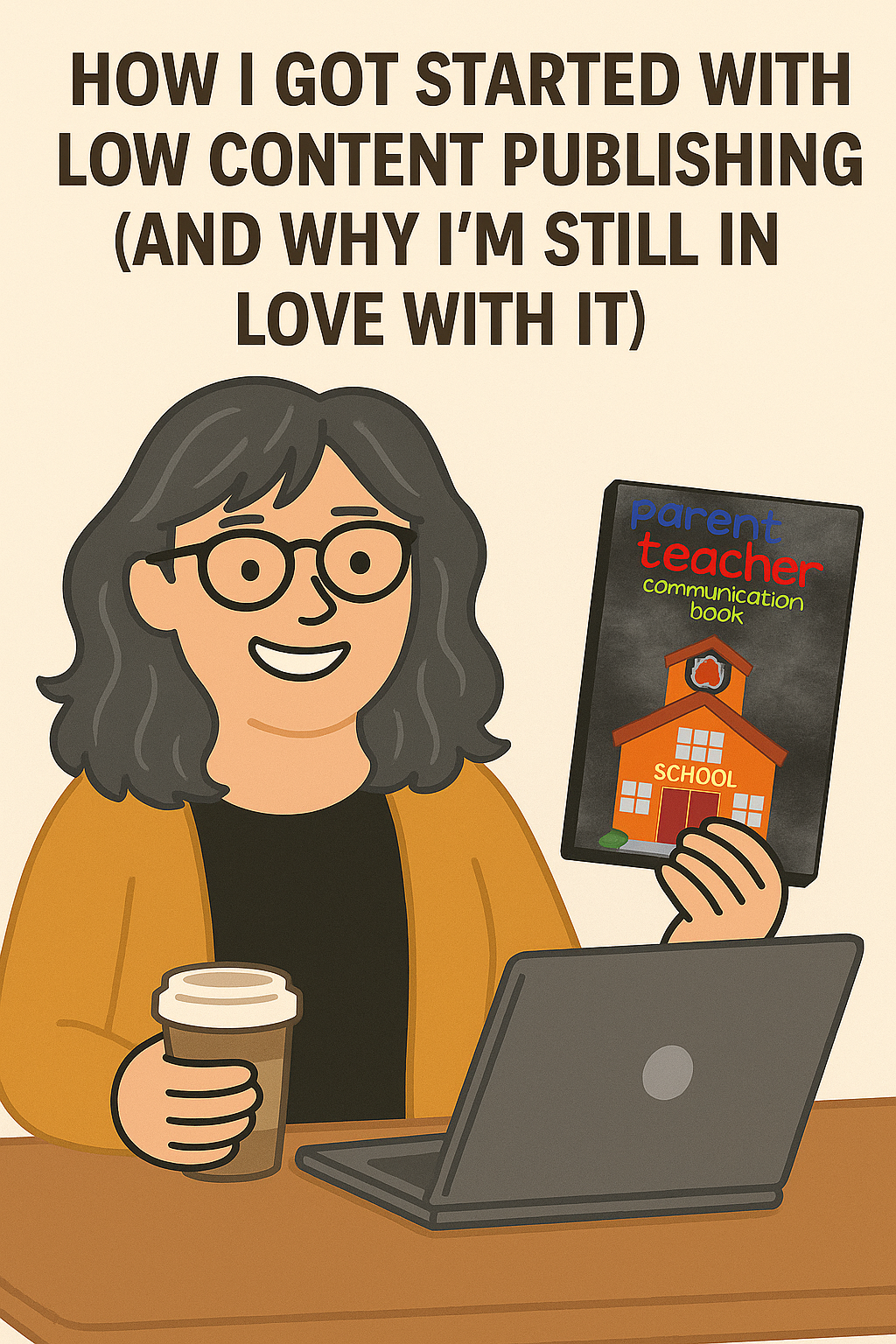 Cartoon-style illustration of a smiling woman with gray hair and glasses sitting at a desk, holding a copy of her first self-published book titled “Parent Teacher Communication Book.” The book cover shows a red and orange schoolhouse with bold, colorful chalk-style lettering.