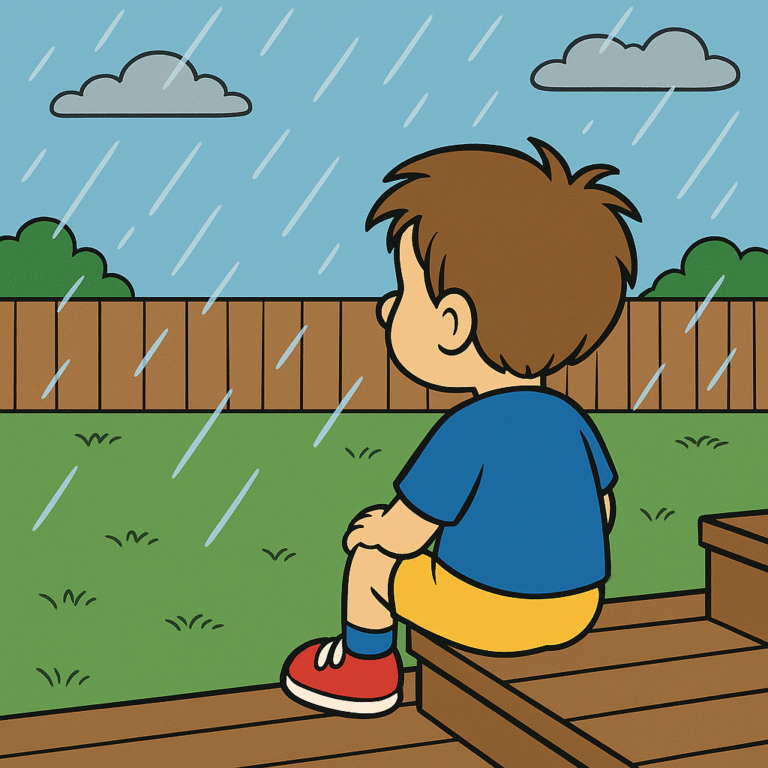 A young child sits quietly on outdoor steps in a rainy backyard, gazing into the distance. The yard is empty of toys, evoking a sense of quiet reflection and innocence.