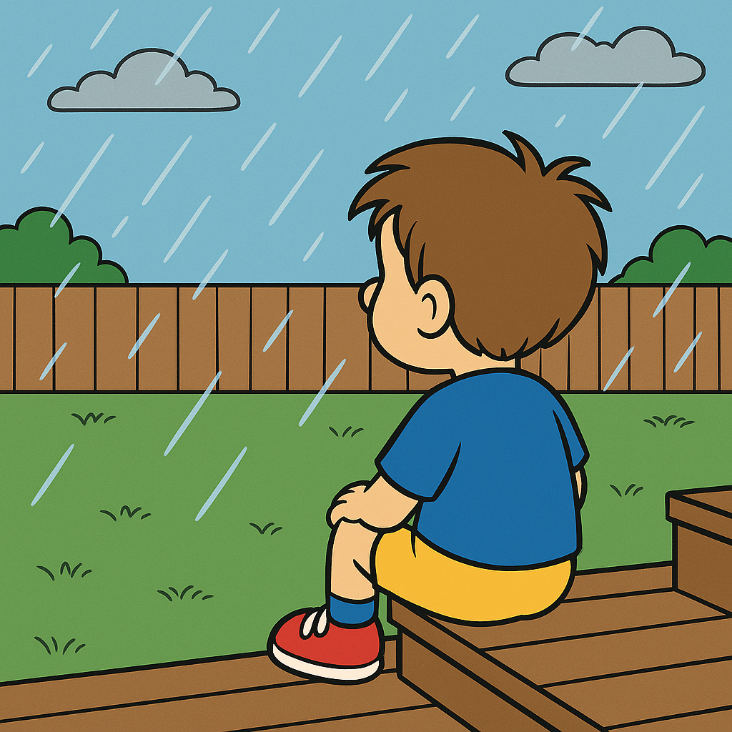 A young child sits quietly on outdoor steps in a rainy backyard, gazing into the distance. The yard is empty of toys, evoking a sense of quiet reflection and innocence.