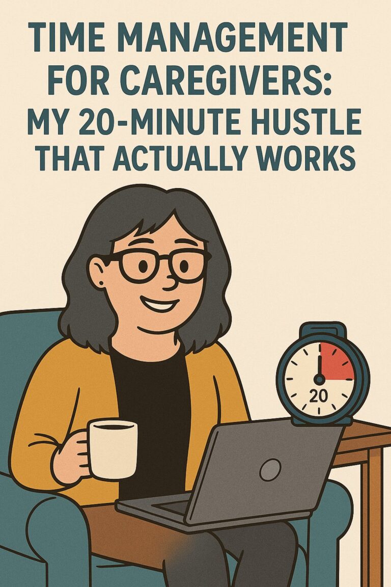 Cartoon illustration of a woman with gray hair and glasses sitting in an armchair, smiling while working on her laptop and holding a coffee mug. A timer on a side table next to her shows 20 minutes. The text above reads: “Time Management for Caregivers: My 20-Minute Hustle That Actually Works.”